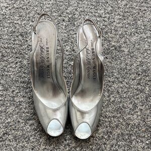 Bruno Magli Metallic Silver Peep-Toe Slingback Heels